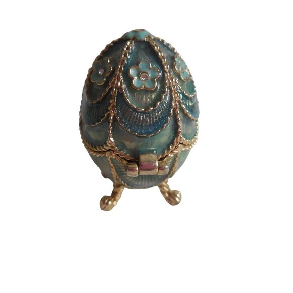 Monet Egg Footed Trinket Box Teal Blue Green Enamel Gold Trim Rhinestone Accents - Picture 3 of 6
